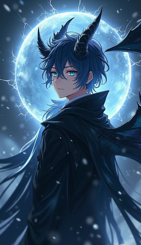 1 male, anime art style, young man, Long hair, dark blue and white hair, wearing a black Coat, Dragon Horns, Black Dragon Wings, Aquamarine Eyes, with a Silver and black magic aura, and the power of space on his hand while the space behind him is cracked and blurry.