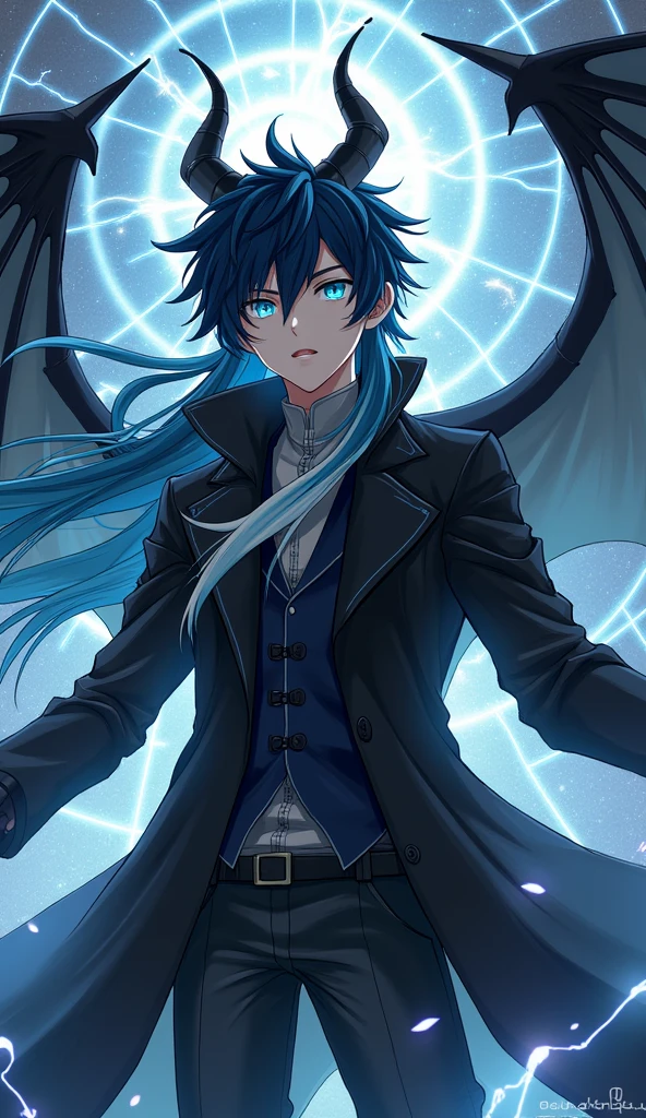 1 male, anime art style, young man, Long hair, dark blue and white hair, wearing a black Coat, Dragon Horns, Black Dragon Wings, Aquamarine Eyes, with a Silver and black magic aura, and the power of space on his hand while the space behind him is cracked and blurry.