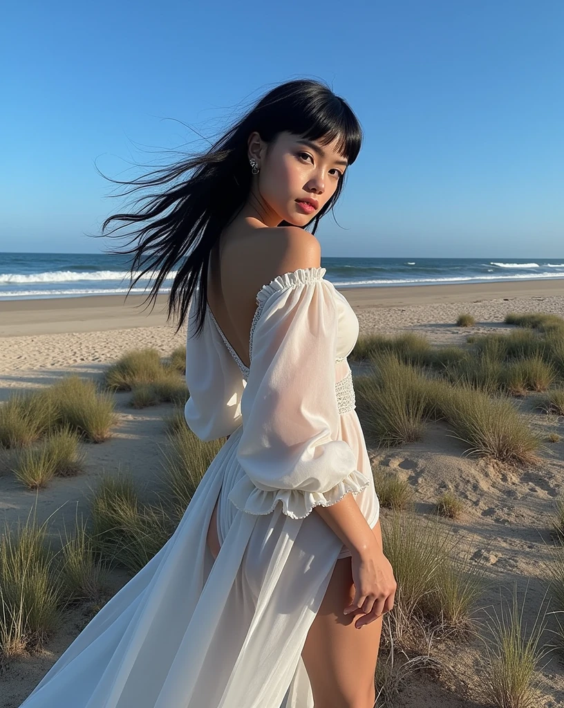 A female virtual influencer standing by a picturesque seaside cliff, with a stunning ocean view in the background."