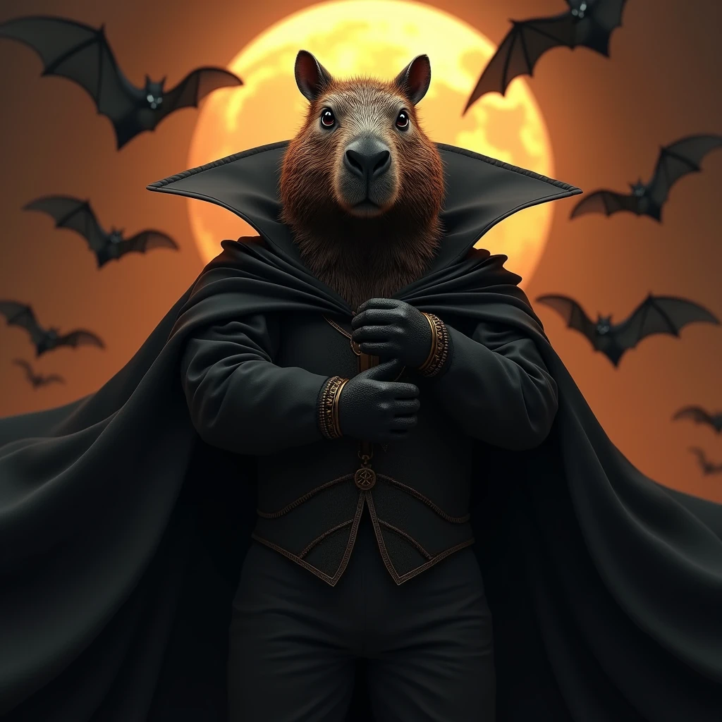 A captivating anthropomorphic capybara in Dracula's style, piercing eyes, commanding presence, adorned in an imposing black cape, striking a confident and authoritative pose, surrounded by small bats soaring through an eerie orange full moon night sky, exuding mystery and sophistication, extremely detailed, masterpiece, digital art