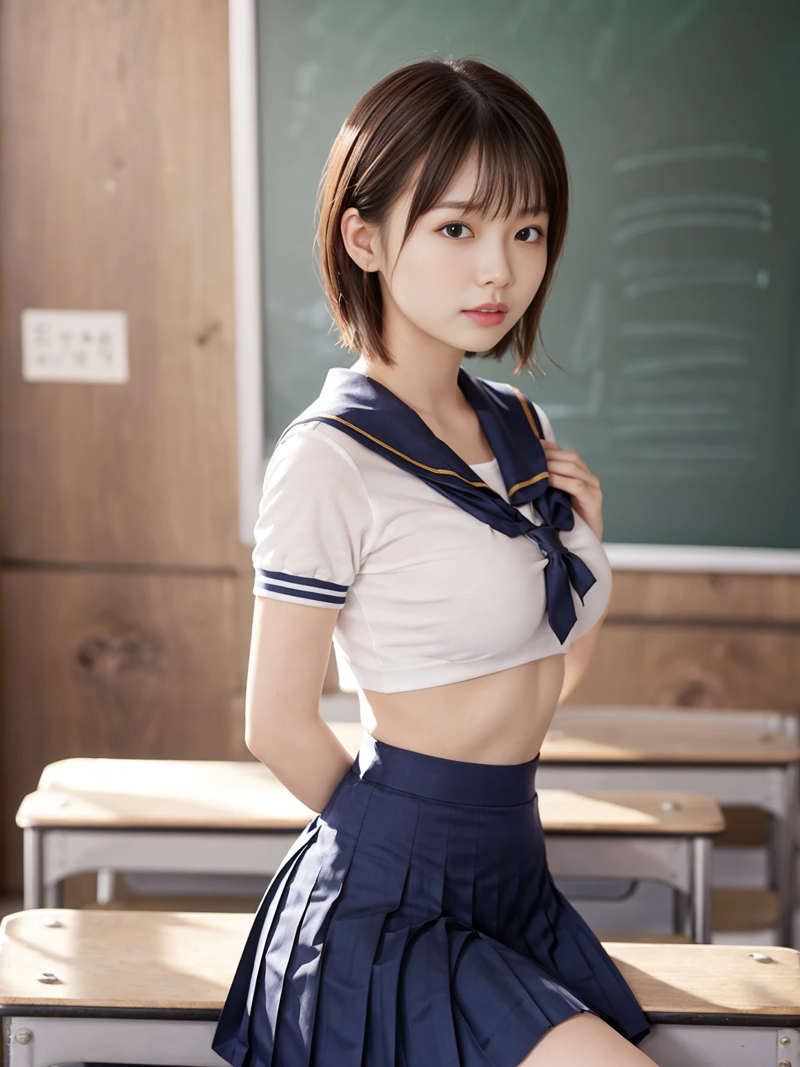 Silver short bob hair：1.8, Beautiful woman, profile、(Short Sleeve White Sailor School Unishape、Navy Pleated Skirt：1.5), Keep your butt up：1.5，bare hands：1.5， Very sexy, Ultimate image quality, (School classroom:1.5), Bright light、Cute face and beautiful ass:1.2, Big Breasts、Narrow waist、Beautiful appearance、 shape、Beautiful Skin,