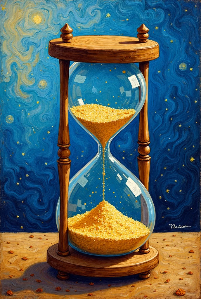 An hourglass with sand in Vincent Van Gogh painting style