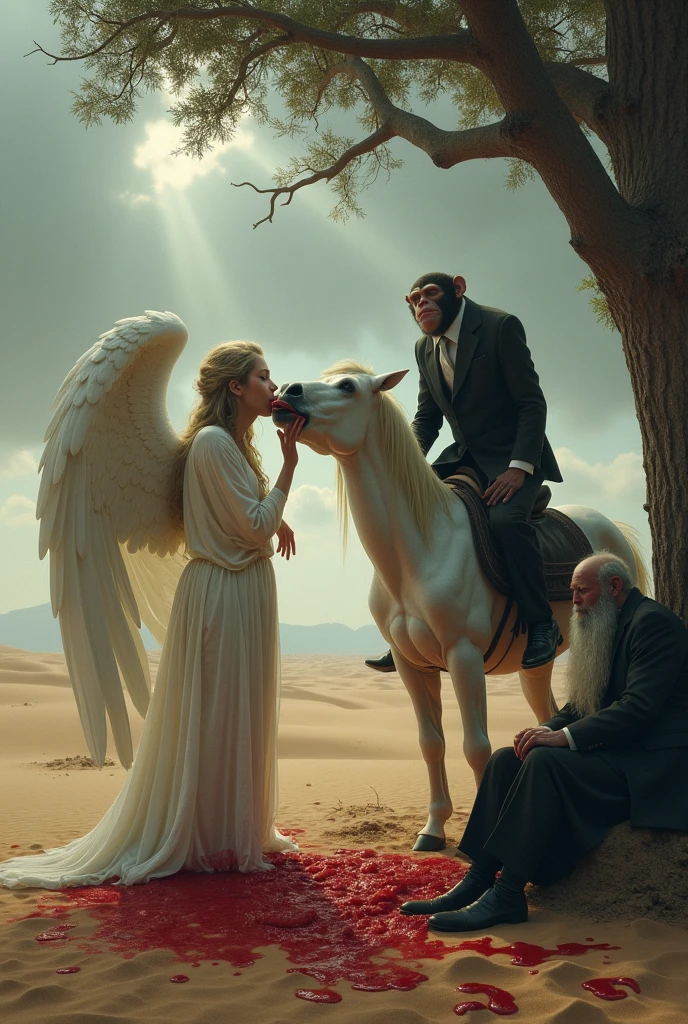 An angel in a desert under a tree drinks blood. next to the angel a monkey in a black suit sits on a white horse.
The sky is covered with grey clouds and some sun rays come out.
An old man with a long grey beard has bloody tears in his eyes