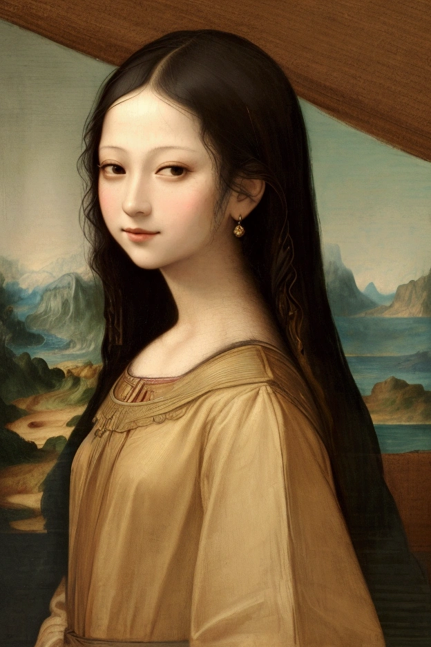 ((Masterpiece Real Photos 8K Wallpaper))(( Full-length or half-length portrait))I want to create the woman I desire.She is about 2. Height 168 cm.She has long, straight, black hair that reaches her waist..She is a young oriental woman with a figure in line with the golden proportions of the human body, exquisite facial features, and a healthy complexion.. I want her to be like Mona Lisa.Always with a mysterious smile on his face.And looked at me with loving eyes.