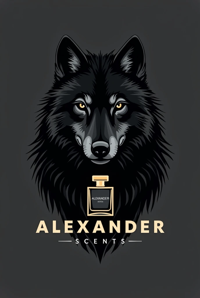A logo for a perfumery to be called alex#39;s Scents uses the image of a black wolf ,a bottle of perfume and uses the name of the Alexander