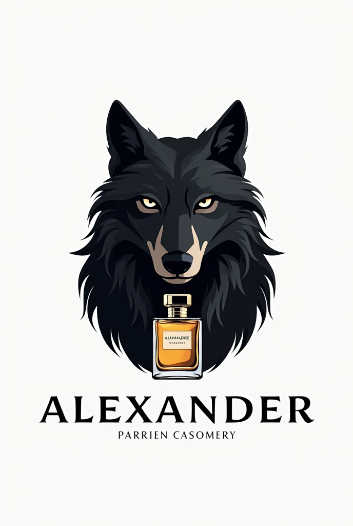 A logo for a perfumery to be called alex#39;s Scents uses the image of a black wolf ,a bottle of perfume and uses the name of the Alexander