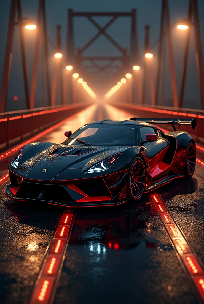 Scorpio with black and red colour with fully modified and black and Red alloys standing in bridge with black and golden lights