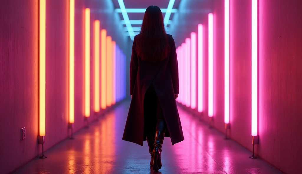 (masterpiece, best quality:1.2), (dark environment, vibrant neon lights:1.3), (woman walking towards light, silhouette glowing with colors:1.3), (straight long hair, black or dark brown:1.2), (hair lightly swaying, reflecting neon lights:1.2), (long coat, black or dark gray:1.3), (knee-length coat, dramatic movement:1.2), (black slim pants:1.1), (heeled boots, black or dark brown:1.2), (minimal jewelry, subtle earrings:1.1), (neon glow, colorful lighting:1.3), (8K, ultra-detailed, hyper-detailed, RAW photo quality, Unreal Engine rendering:1.3)
