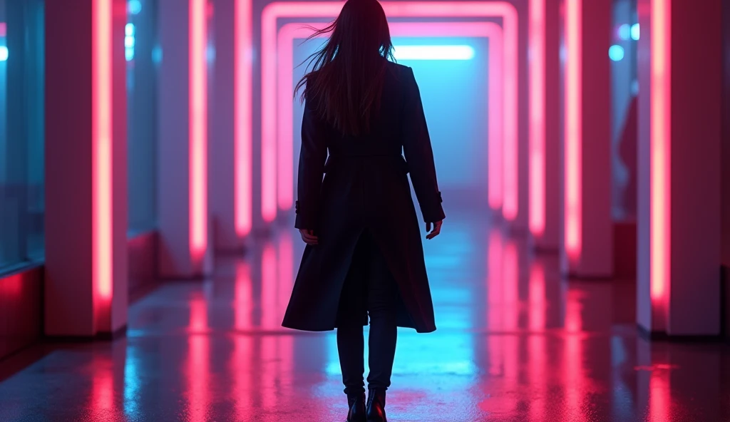 (masterpiece, best quality:1.2), (dark environment, vibrant neon lights:1.3), (woman walking towards light, silhouette glowing with colors:1.3), (straight long hair, black or dark brown:1.2), (hair lightly swaying, reflecting neon lights:1.2), (long coat, black or dark gray:1.3), (knee-length coat, dramatic movement:1.2), (black slim pants:1.1), (heeled boots, black or dark brown:1.2), (minimal jewelry, subtle earrings:1.1), (neon glow, colorful lighting:1.3), (8K, ultra-detailed, hyper-detailed, RAW photo quality, Unreal Engine rendering:1.3)