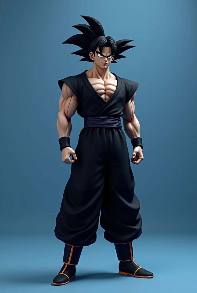 Goku dressed in black transformed with ultra instinct with a matte blue background behind 