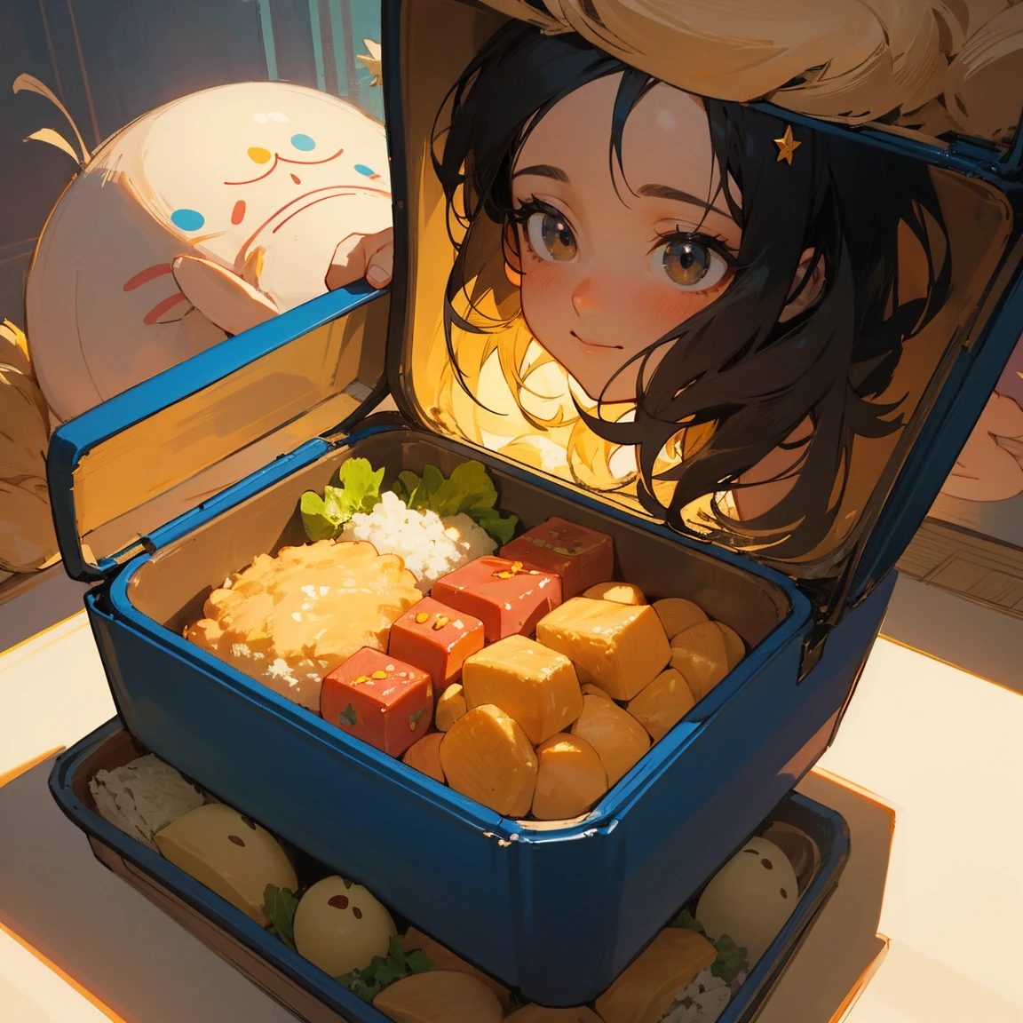 Illustrations for children's picture books,realistic, detailed illustration,A close-up view of an open, beautifully crafted bento box. The box is filled with a variety of colorful, meticulously arranged dishes - clearly Aya's favorites. There are cute animal-shaped rice balls, vibrant vegetables cut into flower shapes, golden fried foods, and more. Each dish is emitting small, twinkling star-like lights, giving the entire bento a magical, ethA dreamlike scene split into two contrasting parts. On one side, a younger Aya with long black hair is happily playing with her mother in a sun-drenched park, both smiling brightly. On the other side, the current Aya sits alone in a shadowy room, looking sad and lonely. The two scenes are connected by a swirling, misty border, emphasizing the dream-like quality. Soft, ethereal colors dominate the happy memory, while muted, cooler tones characterize the lonely sceneereal glow. The overall effect is both appetizing and enchanting, (focus on lunch box:1.2)., hand-painted style, digital art touch,(illustration:1.5), (Watercolor:1,2)