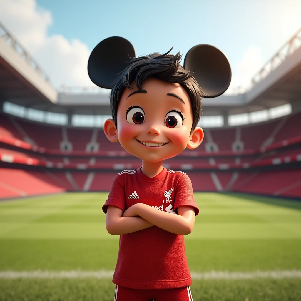 e kidiles in Disney style, bows like a Thai and wears a Liverpool shirt. Standing in cartoon style. High quality dynamic photo, detailed and colorful. Realistic and colorful poses. The background is Andfield Stadium.