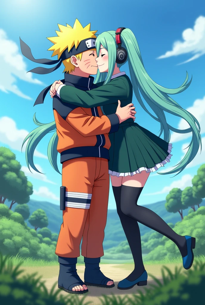 Naruto Uzumaki with Miku Nakano from the redhead quintuplets long hair with a long lock in the bangs with blue headphones on the neck hug in anime style 

