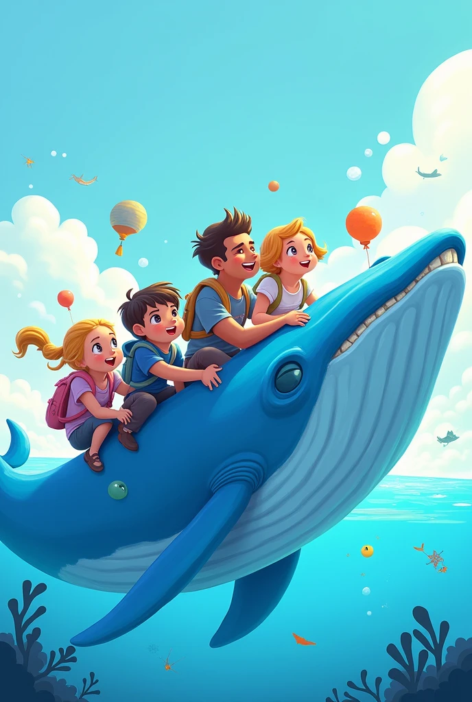 several people riding behind a blue whale,cartoon