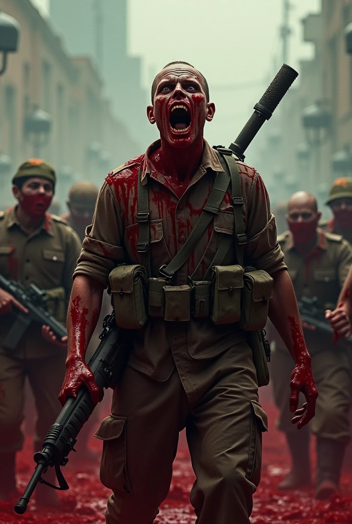 The old Vietnamese zombie soldier is completely covered in blood, blood is coming out of his mouth and many other soldiers are standing behind him. There is a dark area and there is a fort behind which is quite scary. All these zombie soldiers have guns and knives in their hands. And many soldiers have cloths tied over their mouths which are soaked in blood.