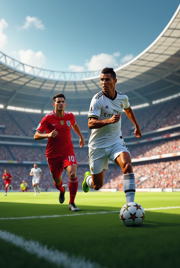 Cristiano Ronaldo on the right running, left-winger running for the soccer tournament "champions league 2024"