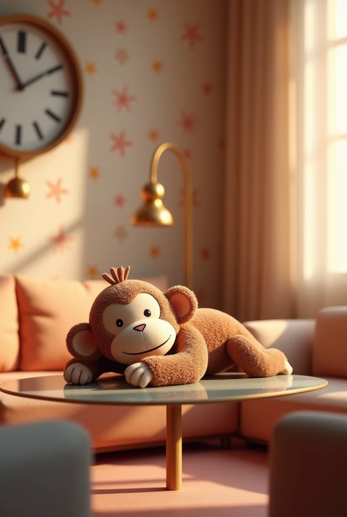 A monkey toy lying down on glass table with sofa sets arround. In a beautiful light dusky color room . One side wall of the room has a hanging watch with chime bell on it and other side of the room has wallpapers of flowers with light dusky color.