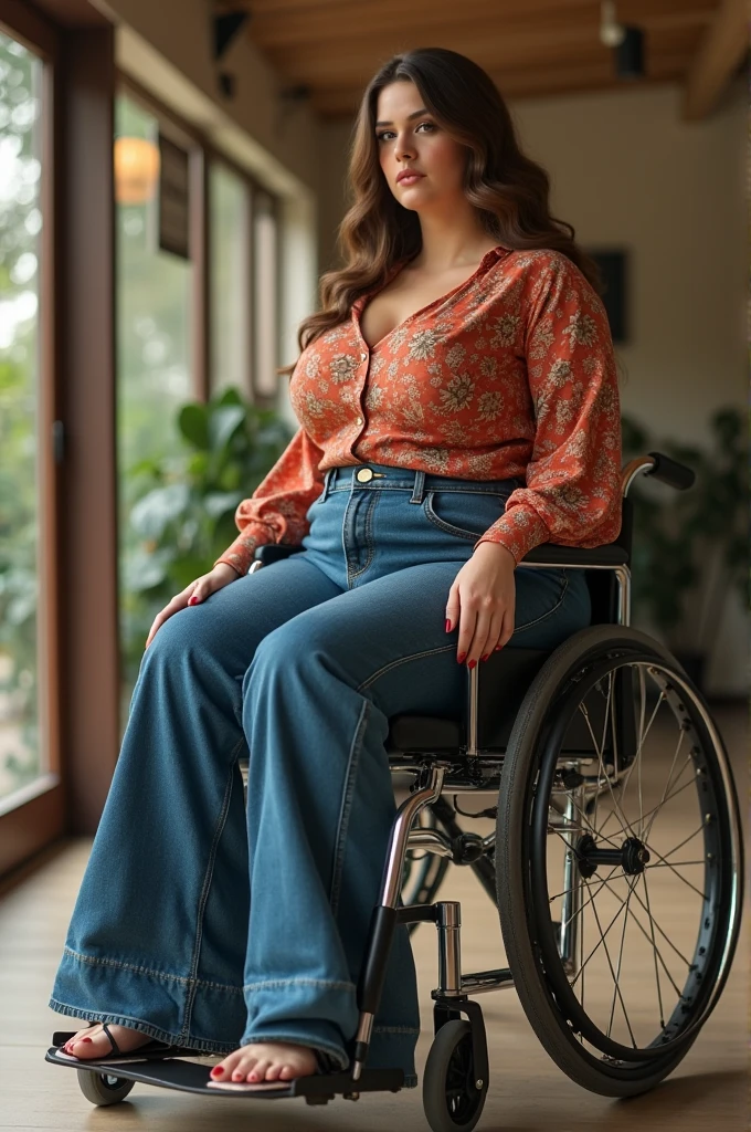 A ssbbw frau in super wide leg bell bottom flare jeans using a wheelchair,1970s wheelchairgirl,leg anoutee