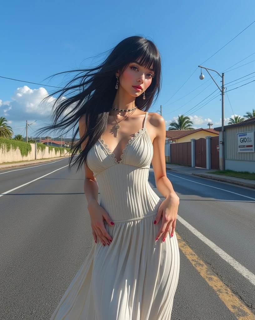 A (beautiful) young Brazilian girl, (extremely pale skin:1.2), (black straight hair:1), (small pointed nose, full lips, pointed chin, small face) ((((Fascinating body, slim waist and thick hips, beautiful long thick legs, great ass, healthy body))). 1, posing with confidence.