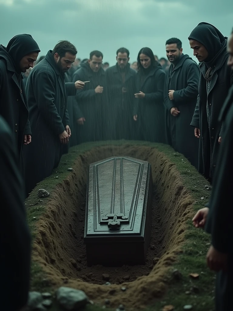 {
"prompt": "A realistic image of a funeral scene where a person is being buried. The coffin is in an open grave, with mourners surrounding it, some crying, others looking shocked as the person inside the coffin begins to rise. Dirt is being thrown onto the coffin by several people, capturing the moment of disbelief and fear as the person unexpectedly starts to emerge from the grave. The atmosphere is dark and eerie, with dim lighting, overcast skies, and the overall mood is tense and unsett
