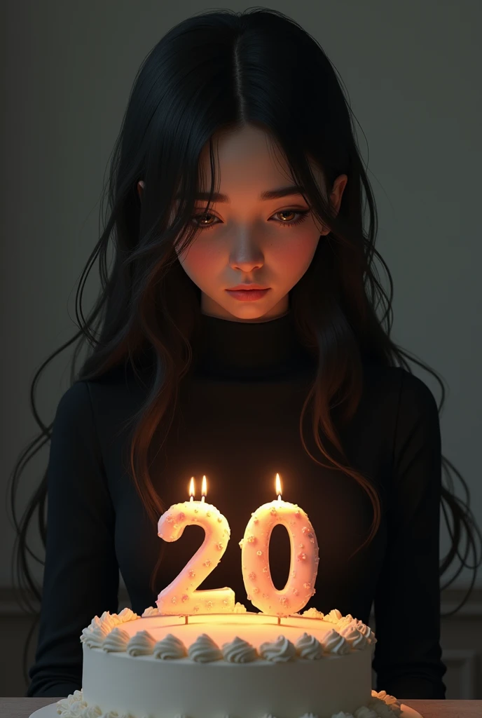 The beautiful young women cut she's birthday chocolate cake alone ( use knife ) on the cake 20 latter number candle and she blowing the candle and she's face full sadness. and she's waring black frock with full sleeve and covered nack dress and long hair