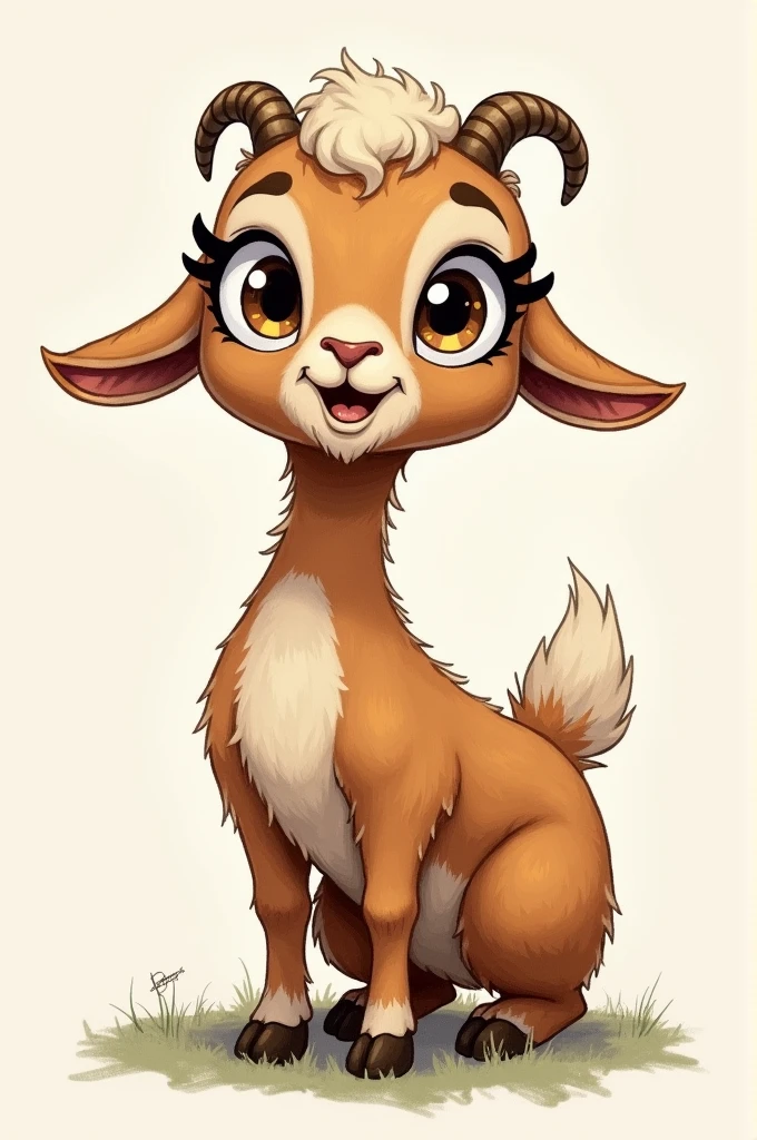 Drawing of a brown skinned goat with short curly hair and eyeliner