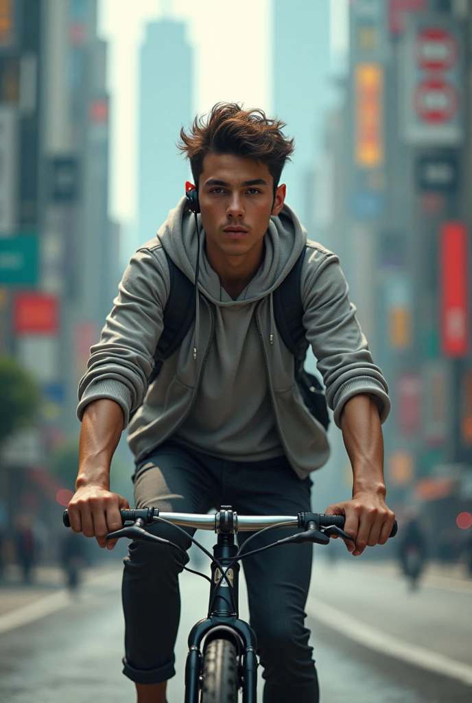 A young man with a Bluetooth Headset riding a bicycle in the metropolis. Realistic. Close Up.

