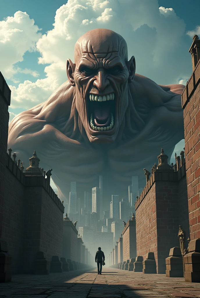 ((Highest quality)), ((masterpiece)), comics「Attack on Titan」A giant is peeking out from the wall、Realistic、Real