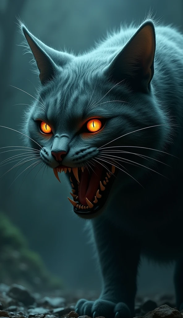 3d、Ultra HD、Side view、Horror、Digital Art、An illustration、The cat's eyes are glowing、the cat is smiling、The cat is glaring、