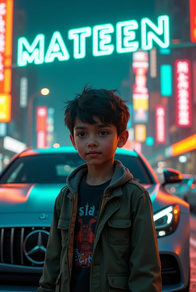 A realistic young boy in cyberpunk neon city with Mercedes Benz and his name mateen is written on background with teal and orange neon lights