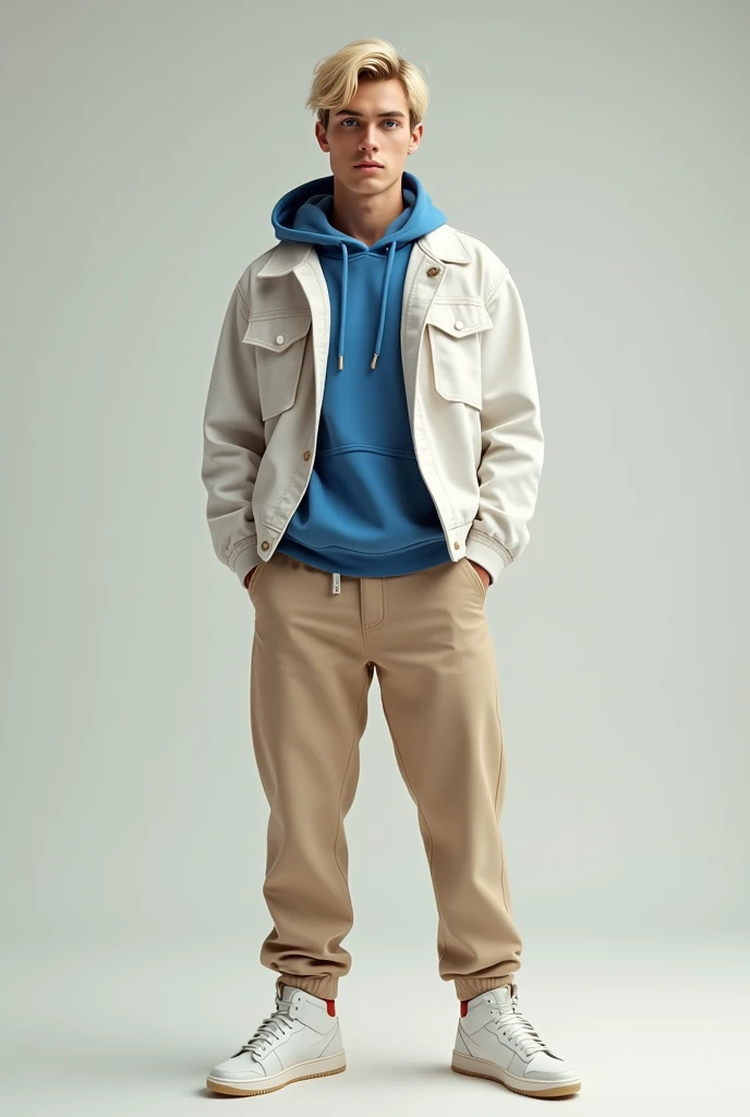 a blonde haired guy with a white open jacket with a beige shirt underneath around his neck a blue eyed guy with light blonde hair wearing a blue sweatshirt and beige pants with white Jordan sneakers