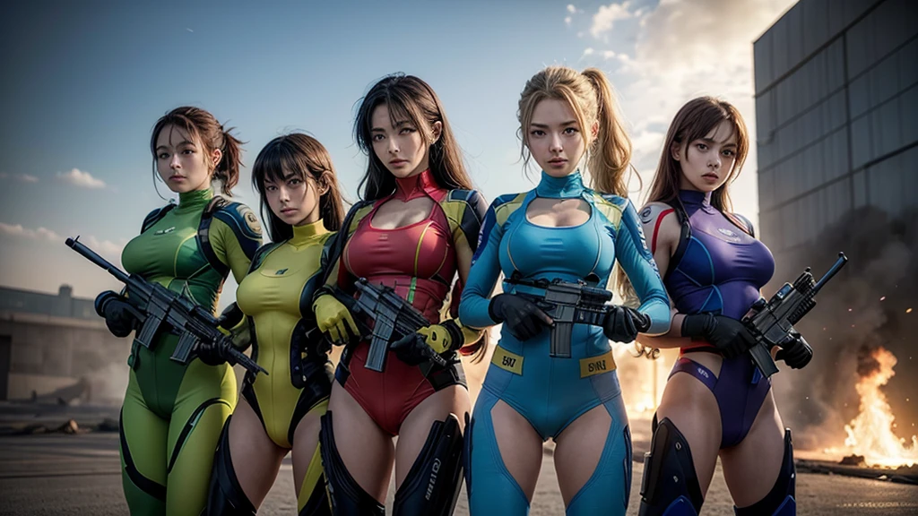 4 soldier women, each one by their respective color, blue, red, yellow and green, 3D anime style, vibrant, war, fit, explosions, beauty woman, pretty, guns, vibrant image