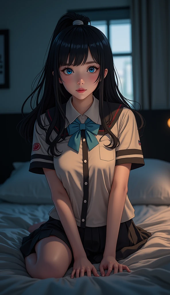 (32K:1.9, Realistic:1.9, Highest quality, masterpiece, Ultra-high resolution), Perfect dynamic composition:1.3, Highly detailed skin and facial textures:1.3, (Cute sexy slim Japanese schoolgirl, height: 155cm), ((Lying in bed:1.4, Eyes closed)), Fair skin, ((Clarity:1.1)), (The woman is wearing a uniform with a light blue bow tie., Ponytailed black hair:1.3, smile:0.9, A man completely charms a woman:0.9, beautiful Blue Eyes, beautiful, Clear Eyes:0.8), Sexy Face:0.4, blush:1.1, ((beautifulエロティシズムを醸し出す雰囲気:1.0, Professional random camera work:1.0, Cinematic Lighting Effects:1.0, romantic:1.0, artistic:1.0, mysterious:1.0)), Too erotic, Object of admiration, original, dramatic, Innovative, charm, Heartful, Fancy, Tilt, sense of loss, special, exciting, Extreme, sense of openness, joy, joyの表現, ((若さのcharm, 女性的なcharm))