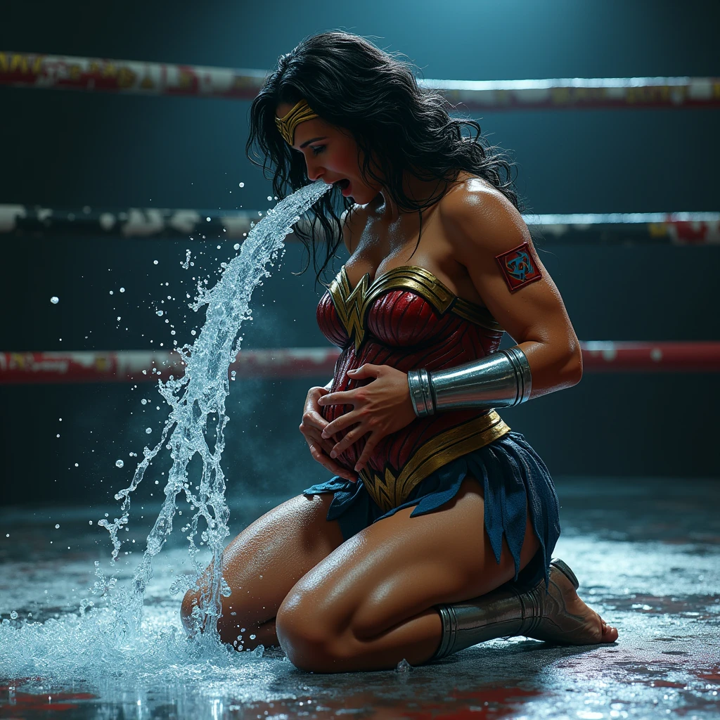 (sweaty)(muscular)A very sweaty Wonder Woman is kneeing in the ring, one hand on her belly and one hand on the floor. She's vomiting heavily, she spits out lot of visible water repeatedly. Lot and Lot of water continously dropping from her mouth to the floor. There is lot of sweat on her muscular body. She's coughing and breathing hard.