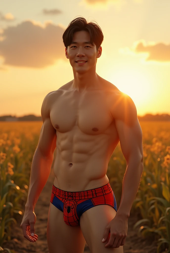 In the charming picture there is a handsome Korea man 3 with his beam.,background in the sky has big bold sun,  His charm radiated as he proudly showed off his sixpack in a full standing pose.. He wore a Spiderman sexy briefs, that highlighted his figure, He stood in the middle of the farm environment., big sun rise behind him, Bathed in the golden light of a beautiful day. With unparalleled attention to detail., This photorealistic portrait combines the style of National Geographic., Capture every detail of his textured skin in 8k resolution. Leica digital SLR camera. His features were clearly visible., From the deep-set eyes to the chiselled jawline., Make this image a true masterpiece..Lift. (8K UHD、RAW Photography、Photorealistic Portrait Leica Digital SLR、Lifelike images), big bulge