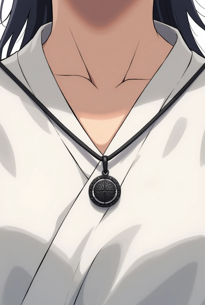 in the world of anime, a black rope necklace where a pendant symbolizes a person's determination. white background image