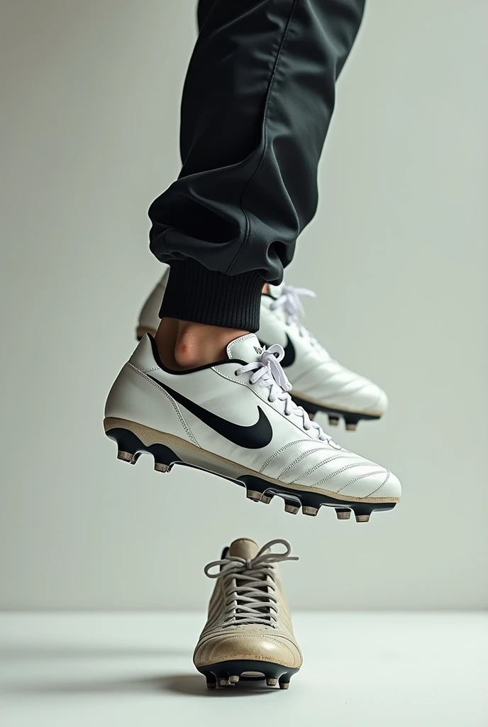 a man on tiptoe, on the right foot a white Nike sneaker and on the left foot a soccer cleat,