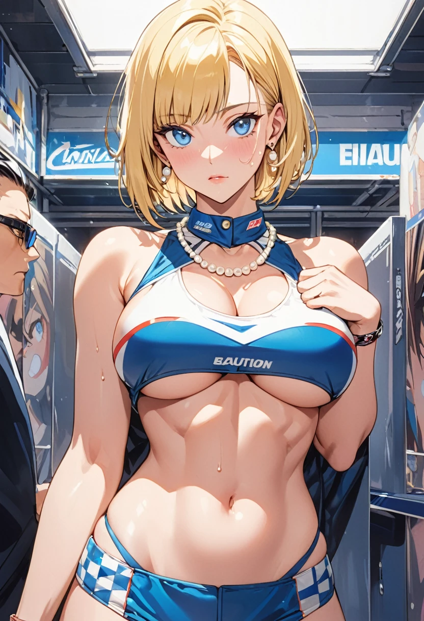 masterpiece, Highest quality, High resolution, (Artificial Human Room No. 18),1990s \(style\),(E-cup beautiful breasts)、height: 170cm,Sweating all over the body、Muscular、((sexy))、(Browsing Caution),独奏,Anime-style painting style, Blonde, blue eyes, (Race Queen Costume),((underboob)),Pearl_necklace, bracelet, short hair, Earrings,Composition focusing on the upper body,(Cool face)、(Pointed Eyes)