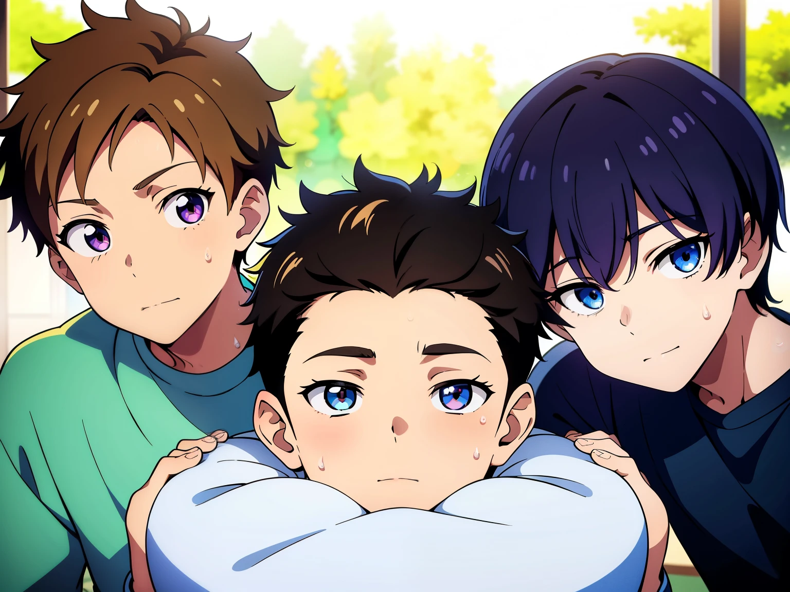 Highres, Masterpiece, Best quality at best,Best Quality,hight quality, hight detailed, Anime style, 3boy, Three bos, Three  boys, three boys are taking a photo together, Body, cuddle, pretty face, Shota, young boy, 15-years-old,and (veryung boy), (very small and short body), simple beckground, cute boy, Uhd, bokeh, sweat