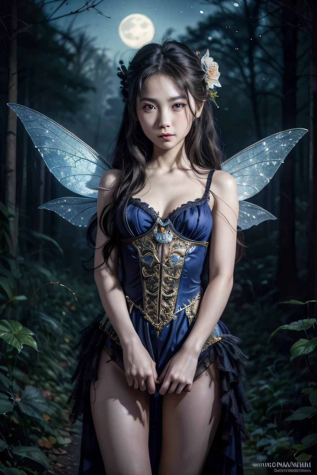 absurd , high resolution, Super detailed, (1 Girl:1.3), rest, fantastic dress, Headdress, rest, Mild personality, Dark persona, control, Fractal, whole body, Ceiling board, Artistic Background, Blue bioluminescence, Geometric, organic, bless, supportive, Sublime, sublimation, noble, Expand, Unravel, anti-gravity, Antimatter, Guardian Angel, Saint, 神Saint, , dignified, Red bioluminescence, flower, Holographic Wings, Magic Circle, Photon, Butterfly, scale, galaxy, Birk,