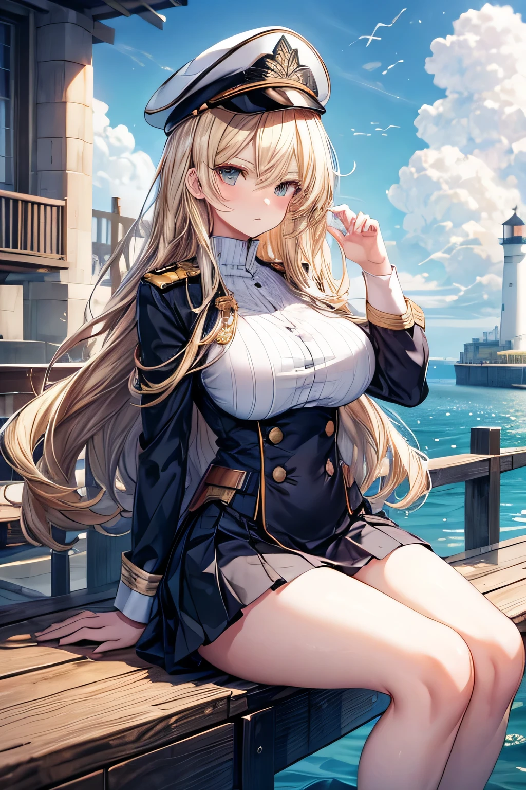 ((Biologically correct limb count))、(( whole body including face))、4K、Masterpiece、((Focus on the face))、((Symmetrical, well-proportioned facial features))、Eyes with delicate depictions、(((1 person)))、Beautiful woman、Outstanding style、Slender Body、、((Navy blue military uniform、shirt、Checked Skirt,(High heels with anklets)))、(((coastal)))、(Smiling and smiling)、(Close-up photo of the upper body)、High angle、Photos with a white border around them、night、