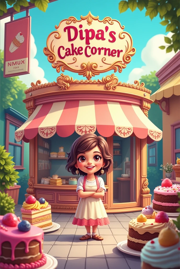 Make a poster of a cake shop name DIPA'S CAKE CORNER where you will get all types of fresh cake which is available in BAROBHISA, BATTALA