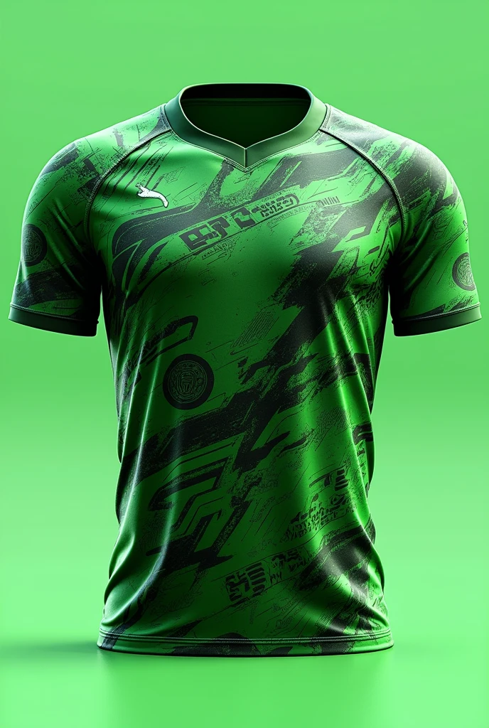A football jersey with Unique patterns, From front, attractive, no logos, no texts, no human, only jersey, green