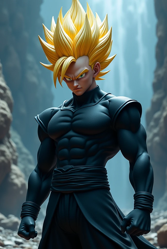 Goku dressed in black transformed into super saya ton 3 with a matte blue background behind 