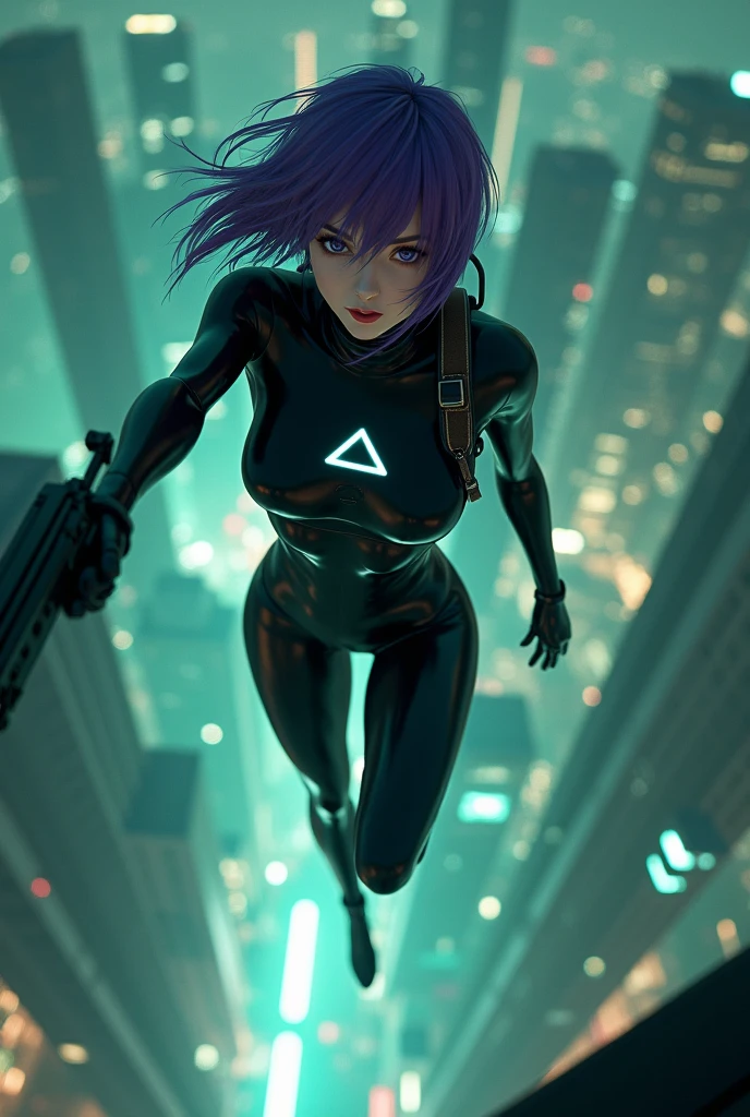 ((Ghost in the Shell Sac_Motoko Kusanagi from 2045,Ultra-high-definition Real 3D cG graphics of Kusanagi Motoko from the anime 攻殻機動隊、Motoko Kusanagi)))Purple Hair, Purple Eyes,Beautifully detailed eyes and mouth, Breathtakingly detailed and realistic skin,Beautiful hair texture and shine,Ghost in the Shell Sac_2045のMotoko Kusanagiのリアルな質感と細部へのこだわり,衣装はGhost in the Shell Sac_2045のMotoko Kusanagiの服を着ている(((She jumps off the roof of a building:1.2), (Futuristic night cityscape background) ,With her back to the building, she flashes a provocative smile.))).Holding a machine gun in his right hand,Machine gun sling belt on shoulder,Both arms are lowered downwards,Black Cybersuit（White double triangle mark on chest）is about to be enveloped in a transparent optical camouflage,No jacket(Optical camouflage expressed with holographic effects:1.5).Jumping vertically from the roof of a building, feet together, helplessly facing the camera, Looking into the camera, Shooting from a top-down angle Shooting from the top of a building with the camera pointing straight down,She falls while staring at the camera on top of the building))The cityscape below is lit up in green neon.,)(((She looks like an adult,Has a toned physique, A body with beautiful curves, Narrow waist, Thick thighs and round ass)), Ultra-Realistic Images, Skin and hair details, Movie Scenes, Professional Saturation,息を呑むような3DcGグラフィック.(high quality, masterpiece, 最high quality, 4K.8k.:1.5). Super detailed, Ultra-fine painting, A photo that looks like a scene from a movie, Dramatic lighting, Sharp focus, Professional Photo Resolution, 3D Rendering, Awards,Ghost in the Shell S.a.c. 2nd GIG Episode 1 Homage scene