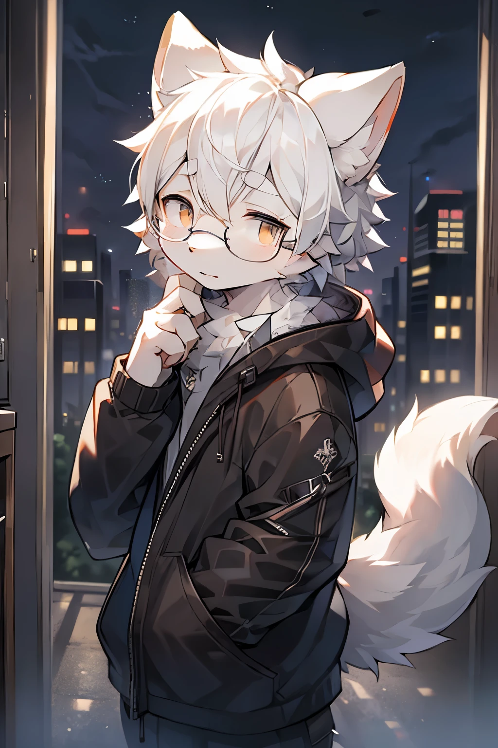 Gray Wolf Boy, White hair, wear glasses, Wearing a black sweatshirt, Expression of fear, permanent, Night office setup, Night building landscape seen through the window  