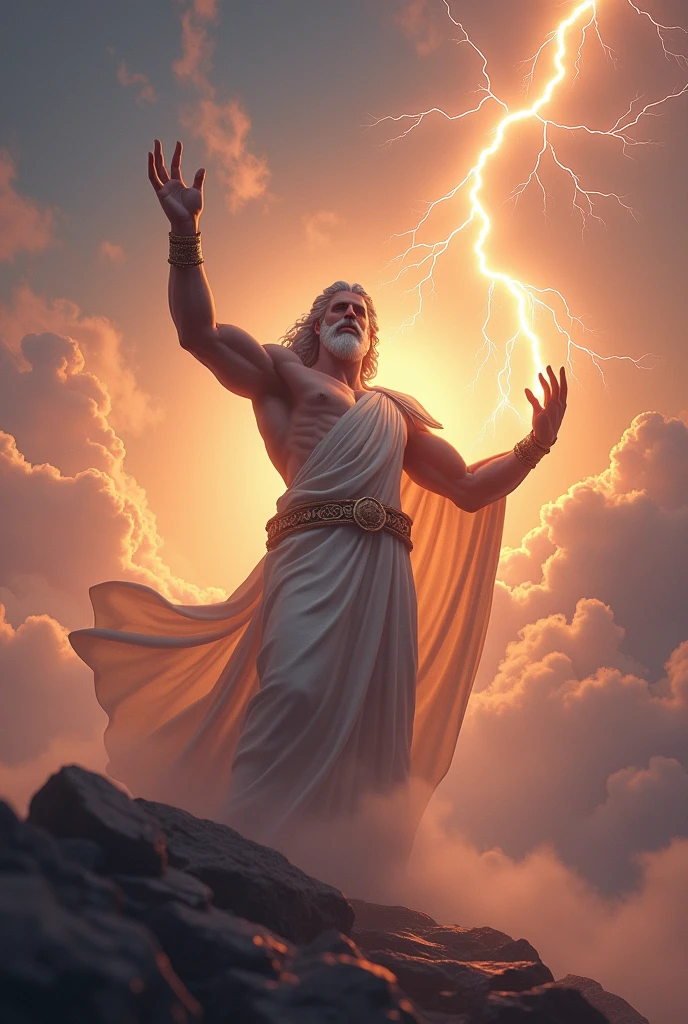 Zeus standing in the twilight sky in the style of an oil painting, raised his hand to control the lightning. Use camera focus f/2.0 to highlight Zeus and lightning against a soft twilight sky background. 8K resolution for sharp details on cloud textures and lighting effects.."