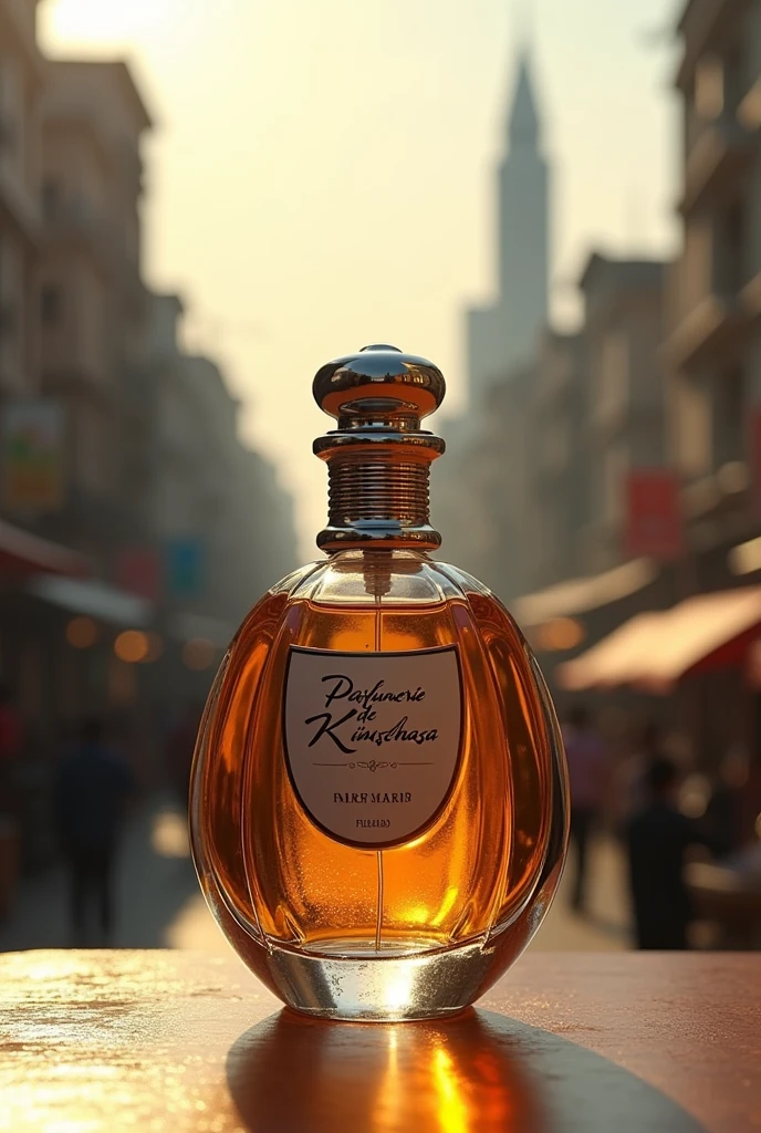 Un flacon de parfum écrit dessus PARFUMERIE DE KINSHASA