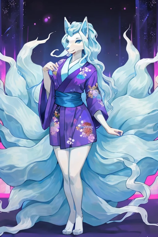 ((Alolan Ninetales)), anthropomorphic, big , big ass, Pokemorfo, (((1 girl))), (((purple kimono))), (White shirt),(blue jeans), cute and sexy, slender, light blue skin, long legs, smiling