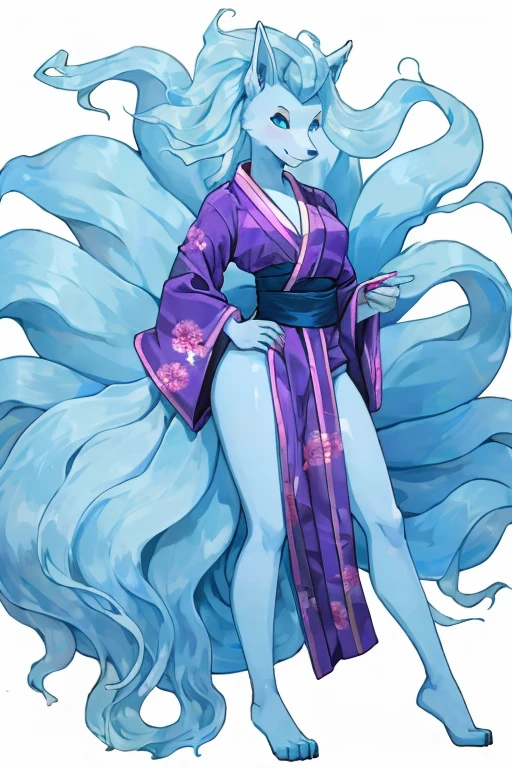 ((Alolan Ninetales)), anthropomorphic, big , big ass, Pokemorfo, (((1 girl))), (((purple kimono))), (White shirt),(blue jeans), cute and sexy, slender, light blue skin, long legs, smiling